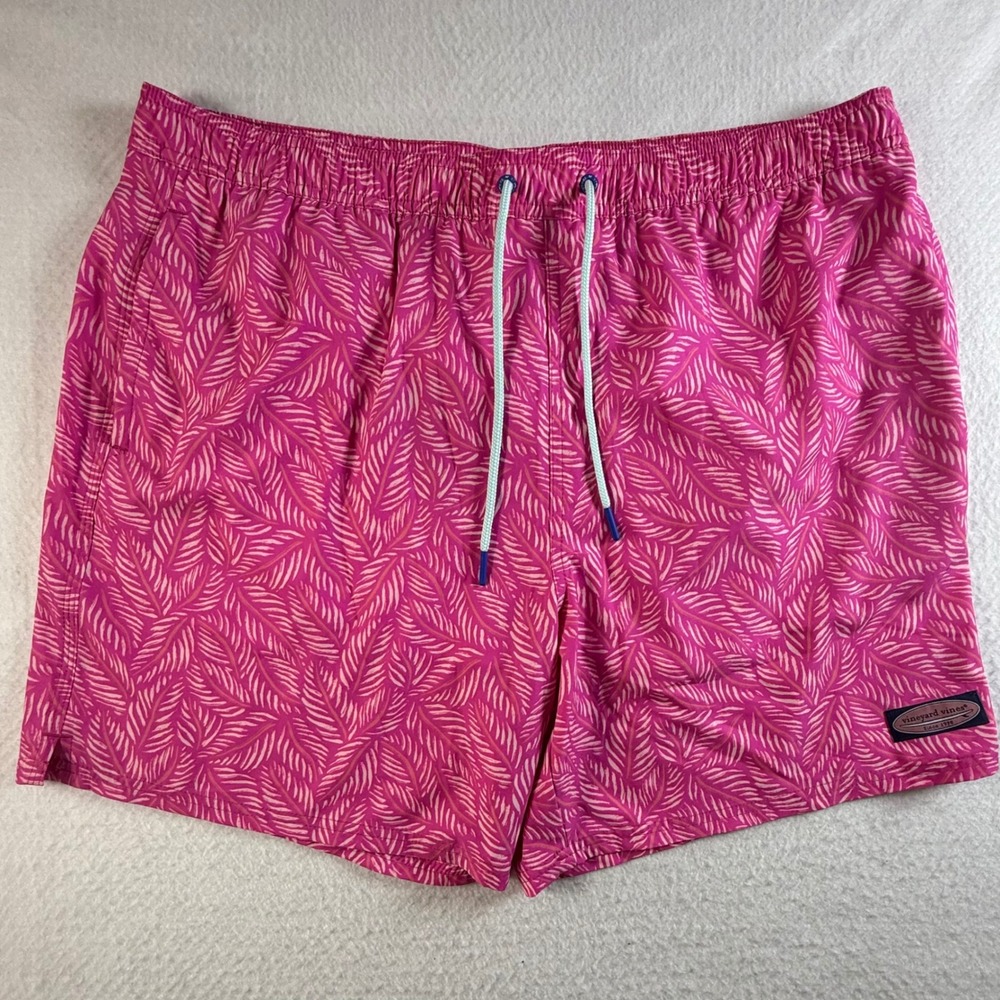 Vineyard Vines Swim Trunks Mens XL Palm Leaf Print Pink AOP All Over Print